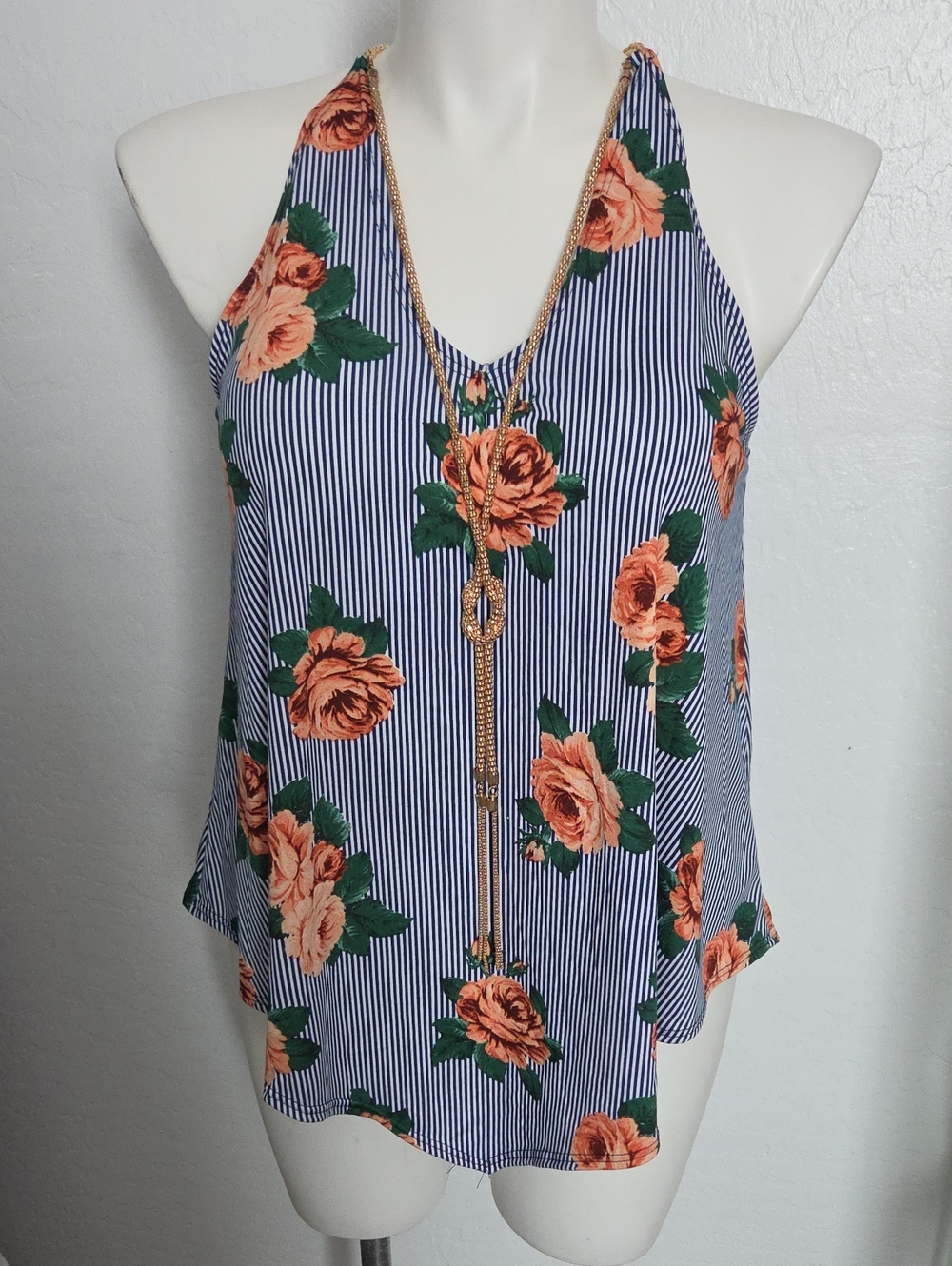 First Love Navy Stripe Halter Top with Peach Floral Print